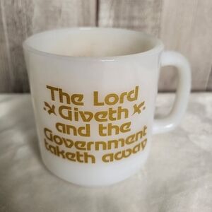 Vintage White Mug with Gold Text. Glassbake Milk Glass